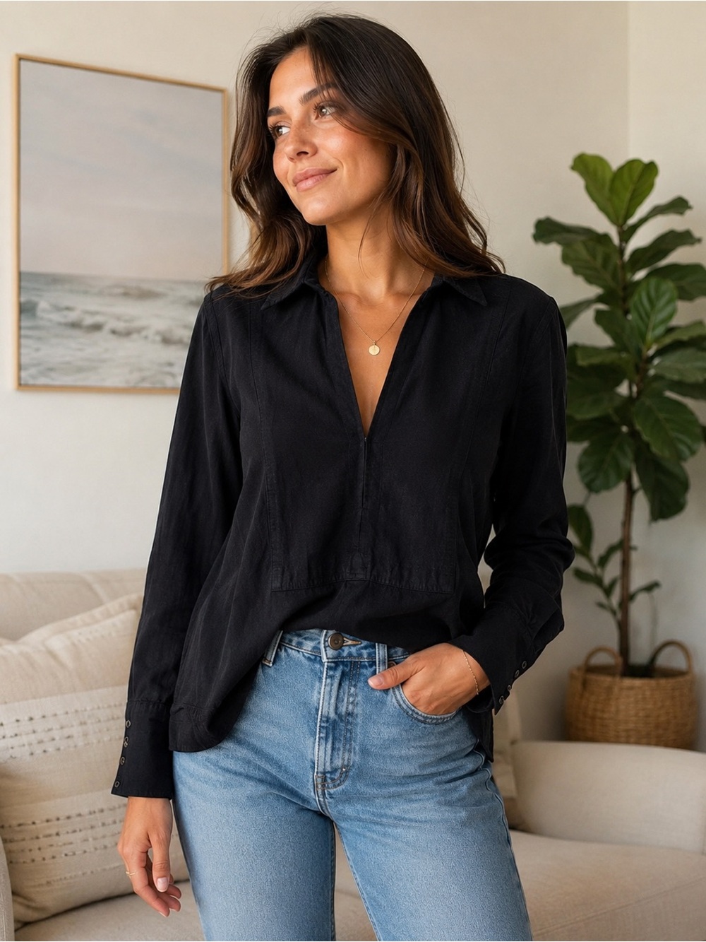 Black Boho Peasant Blouse Relaxed Fit Collared Oversized Top Long Sleeve Top